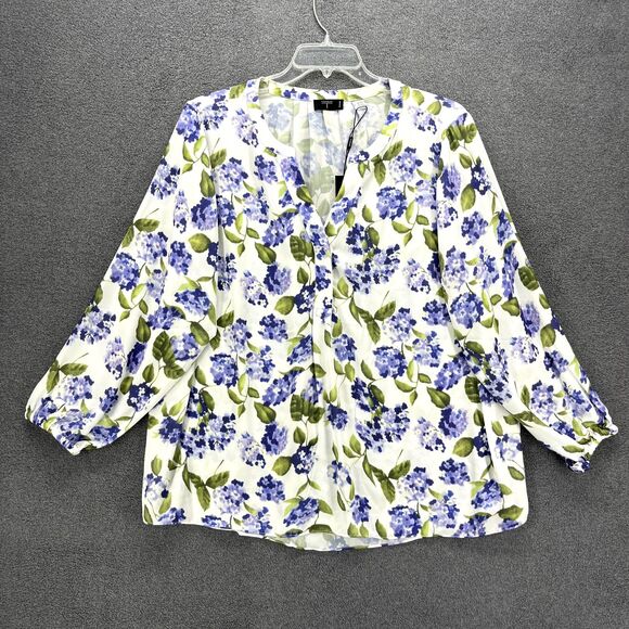 Tahari Top Womens Plus 2X White Purple Floral Boho Semi sheer Shirt Blouse Tunic - Picture 1 of 16